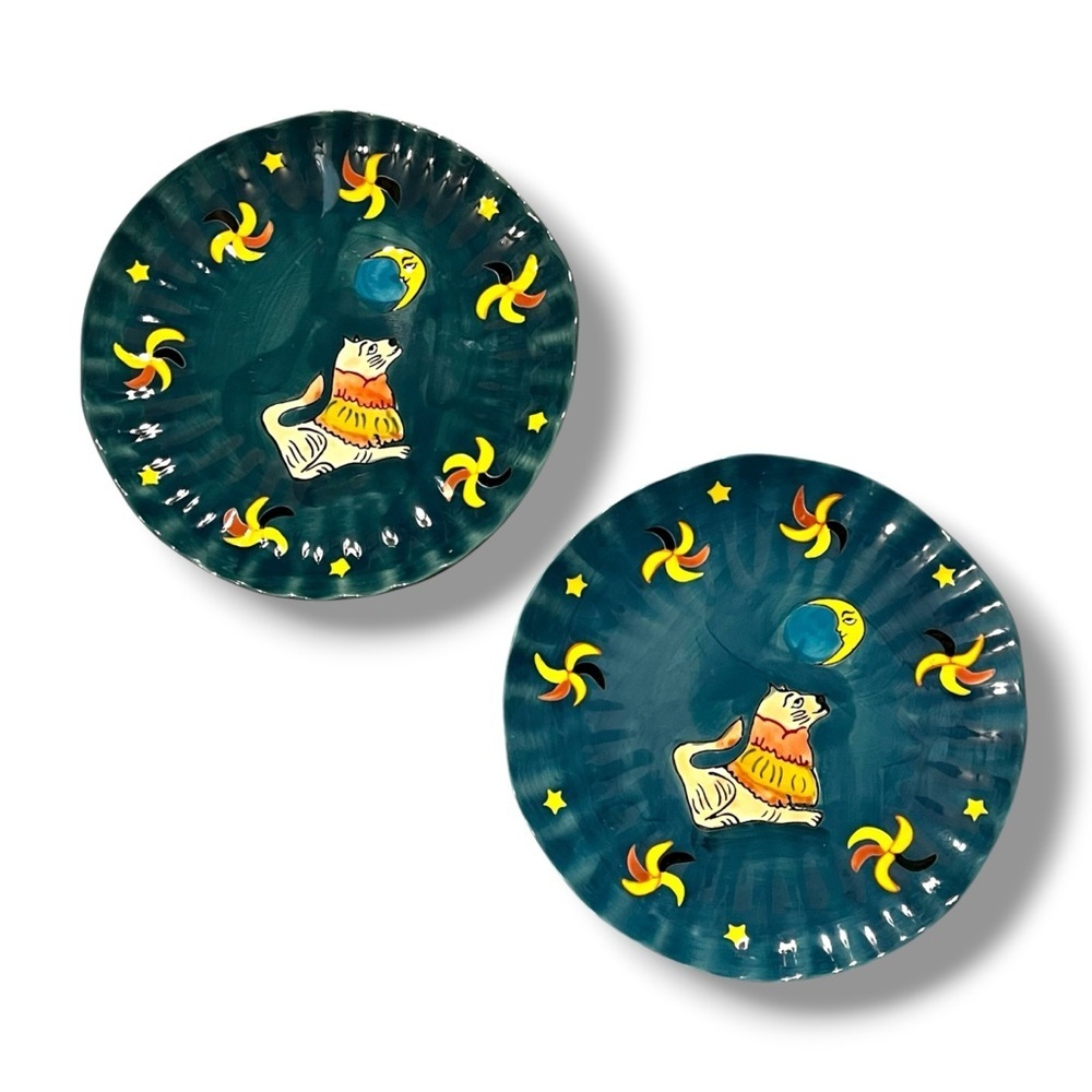 TWO Anthro Claudia Rankin Celestial Dessert Plates Hand painted Lion Stoneware